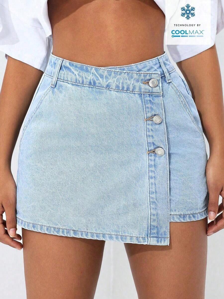 PETITE Short vaquero sexy con bolsillo frontal, cruce de cintura y abotonado para mujer - Lavado ligero - Ver 1