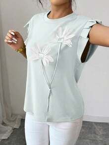 Camiseta de mujer con flores tridimensionales lindas y contrastantes para verano y otoño - Azul menta - Ver 5