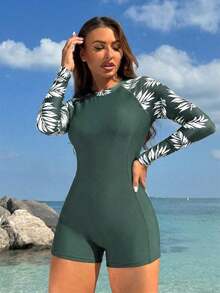 Traje De Baño De Una Pieza Con Manga Raglán Y Estampado De Hojas En Parches - Verde militar - Ver 3