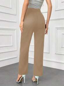 Pantalones elegantes de mujer con pierna recta, cintura suelta y detalles de botones para otoño/invierno - Marrón - Ver 2
