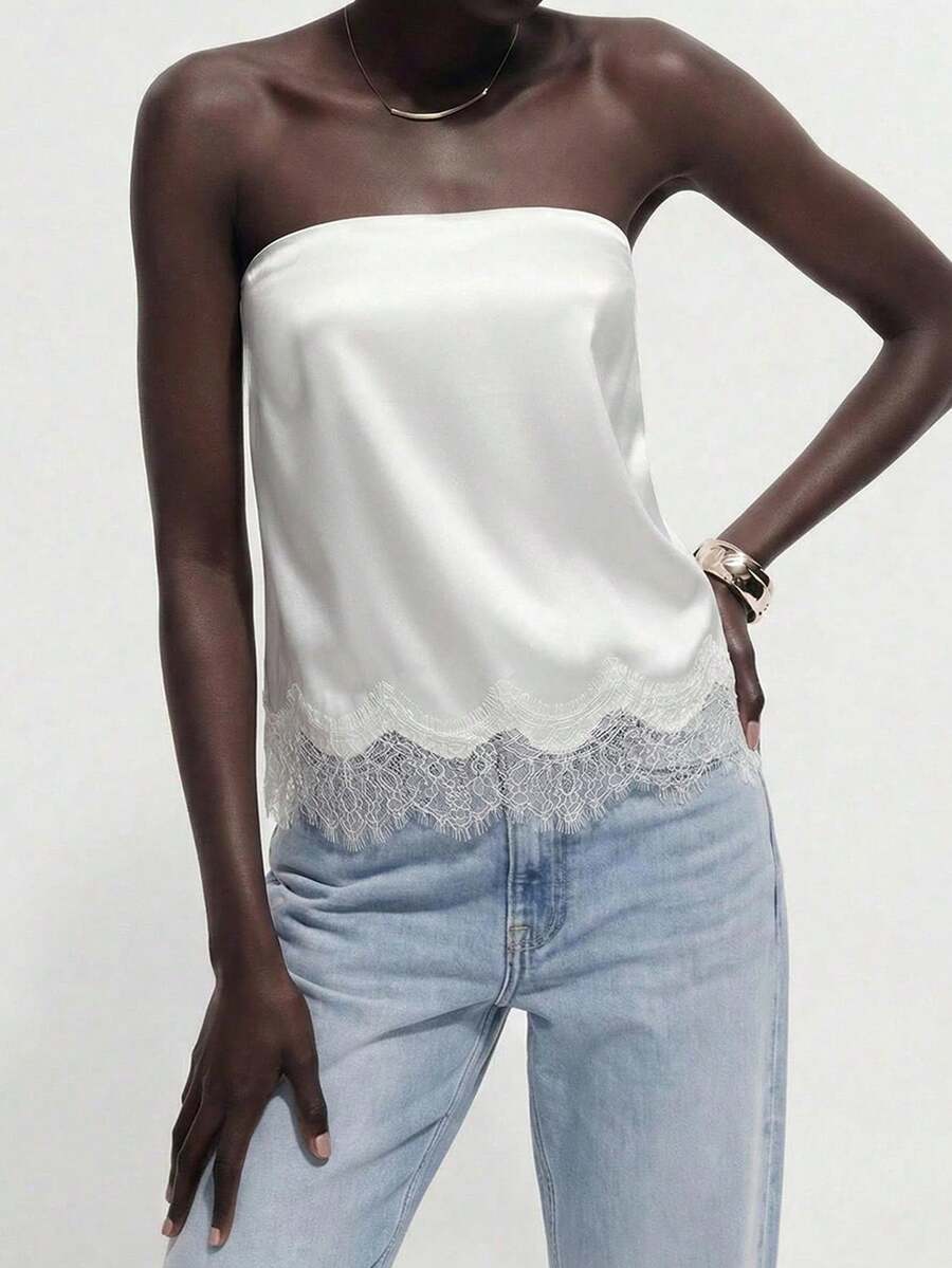 Contrast Lace Strapless Crop Top For Night Out - White - View 1