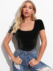 Privé Top de terciopelo de cuello redondo - Negro - Ver 7