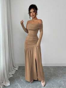 Vestido de punto ajustado de manga larga con hombros descubiertos, elegante y vintage, adecuado para otoño/invierno, Halloween - Caqui - Ver 3