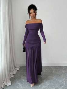 Vestido de punto ajustado de manga larga con hombros descubiertos, elegante y vintage, adecuado para otoño/invierno, Halloween - Morado - Ver 3