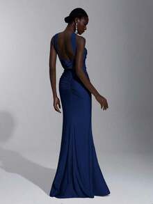 Vestido body-con con diseño elegante, romántico, sexy y minimalista, de punto elástico, tirantes finos, espalda abierta y cintura ajustada.Estilo de moda e influencer, apto para vacaciones, fiestas, bodas, damas de honor. - Azul marino 2 - Ver 2