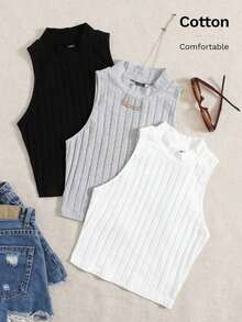 Top de tanque casual sólido de cuello redondo acanalado para el verano - Multicolor 2 - Ver 7