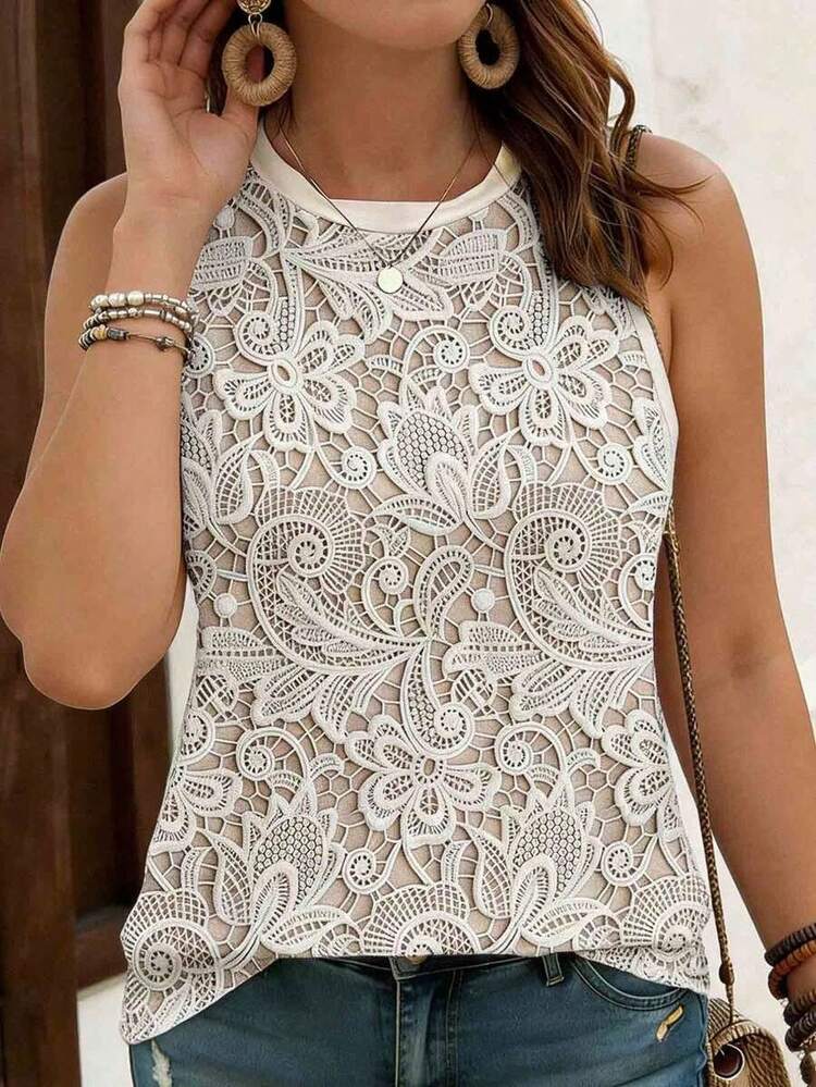 de mujer talla grande con estampado floral y cuello redondo, cómoda blusa de tirantes de cuello redondo casual, adecuada para uso diario en verano - Multicolor 2 - Añade 4