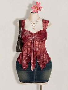 ICON Camiseta asimétrica transparente con estampado de cachemira para mujer de talla grande, top de rave, top transparente, para vacaciones de verano, temporada de graduación, temporada de regreso a clases, ropa de verano, Y2K. - Burdeos 2 - Ver 4