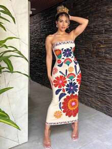 Vestido ajustado con estampado floral retro y estilo bohemio casual para mujeres, adecuado para vacaciones de verano - Multicolor 7 - Ver 1
