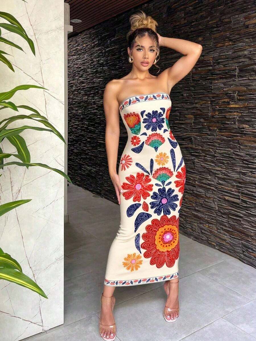 Vestido ajustado con estampado floral retro y estilo bohemio casual para mujeres, adecuado para vacaciones de verano - Multicolor 7 - Ver 1