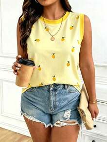 Chaleco sin mangas de mujer de talla grande, casual, de cuello redondo y con estampado de limón, de hombros anchos - Multicolor 3 - Ver 4