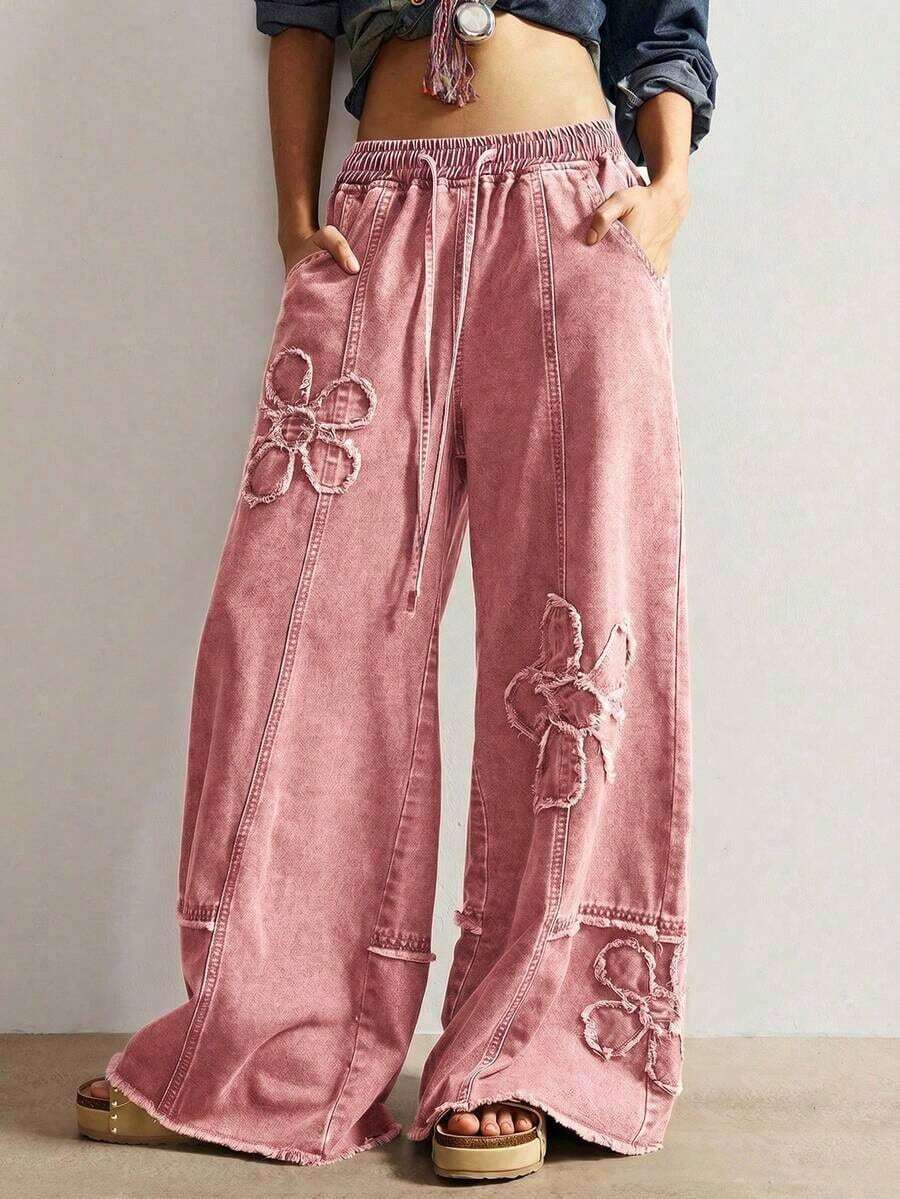 Jeans de pierna ancha de unicolor casual para mujer - Rosa - Ver 1