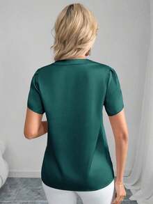 Blusa de satén de manga corta de cuello en V, unicolor elegante, para primavera/verano - Verde Oscuro - Ver 2