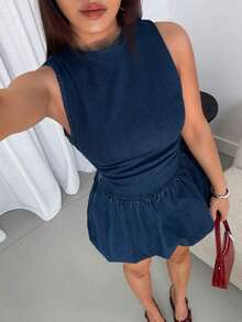 Vestido de mezclilla con volantes y espalda descubierta, elegante y ceñido a la cintura - Azul 3 - Ver 7