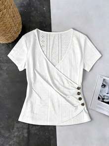 Camiseta casual de mujer de manga corta, cuello en V, fruncida y ajustada de unicolor - Negro - Ver 5