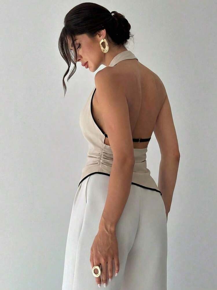 Camisa elegante de oficina para mujer, blusa asimétrica sin mangas con cuello halter y espalda descubierta, con botones decorativos ajustables, ajustada, negra, para oficina, ropa de primavera/verano, elegante, sexy - Albaricoque 2 - Añade 5