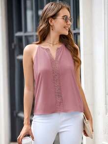Clasi Top de tirantes con cuello en V y espalda al aire de encaje guipur contrastante - Rosa vieja - Ver 5