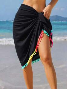 Falda mini tipo pareo con pompones y flecos, de estilo bohemio, para vacaciones en la playa - Negro - Ver 1