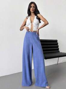 Pantalones anchos de cintura alta y pierna ancha para mujer, color azul, adecuados para la playa, el aeropuerto, de estilo modesto - Azul - Ver 8