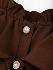Blusa de hombros descubiertos con botones frontales y volantes de unicolor simple, para verano - Café integral - Ver 4