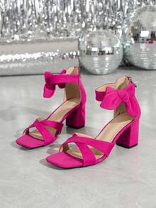 Square Toe Thick High Heel Rhinestone Decor Elegant Glamorous Sandals, Suitable For Banquet Party, Fashion Versatile - Hot Pink - View 6