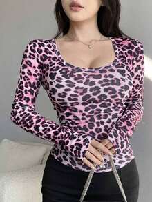 Camiseta de mujer de ajuste ceñido con cuello en U, ropa de otoño con mangas largas para mujer - Rosa - Ver 6