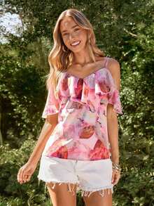 Blusa casual de verano con estampado floral y volantes en el bajo - Rosa - Ver 7