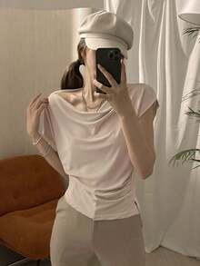 Camiseta de manga corta ajustada con cuello asimétrico y fruncido, de unicolor, para salir, para mujer de verano - Blanco 2 - Ver 2