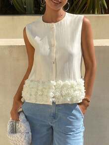 Chaqueta de verano casual y elegante de lino sin mangas con cuello redondo y adorno floral para mujer - Albaricoque - Ver 1
