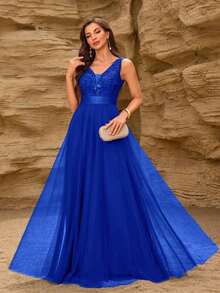 Vestido de dama de honor formal de línea A con escote en V sin mangas, bordado y de malla, vestido de fiesta elegante, vestido de invitado de boda formal, vestido de ceremonia de graduación, vestido de noche de primavera - azul real - Ver 9