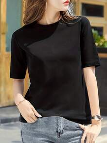 Camiseta de mujer elegante de un color - Rosa suave con cuello redondo y manga corta, perfecta para de verano, camiseta de diario| Top versátil| Ajuste cómodo - Negro - Ver 4