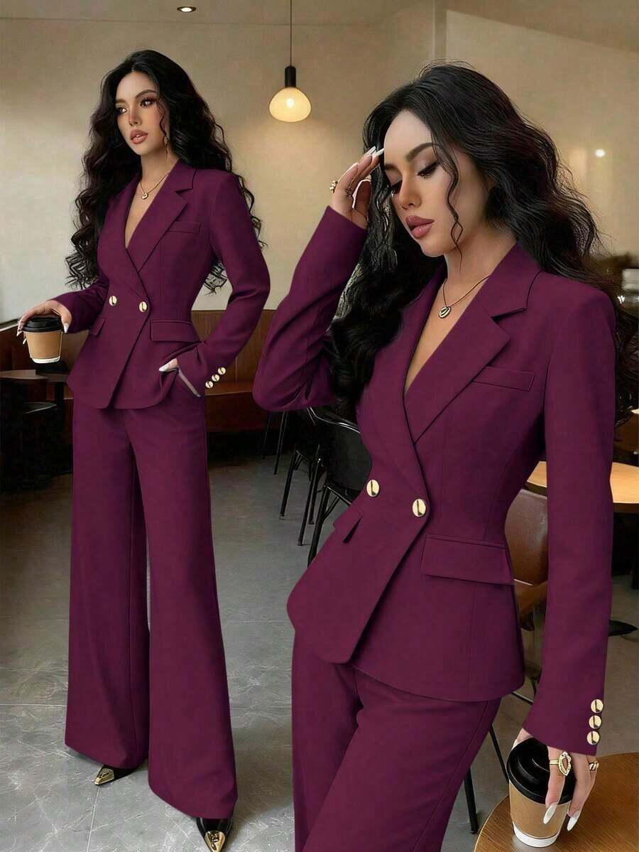 Conjunto de blazer y pantalón de bolsillo de unicolor azul con botones dorados y cuello entallado elegante para mujer, versátil para otoño/invierno - Burdeos - Ver 1