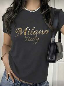 Women's Casual T-Shirt "Milano Italy" - Dark Gray With Elegant Gold Print, Women's Tops, T-Shirts - 風格 - 查看 2