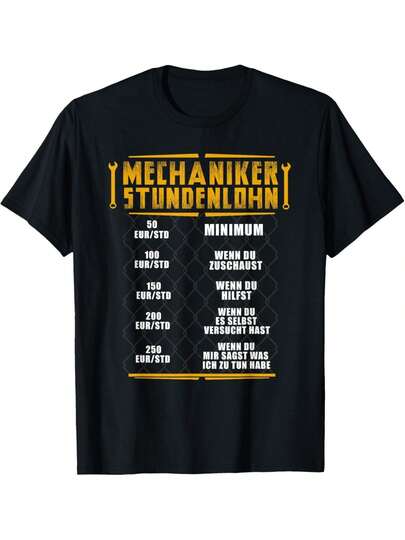 T-shirt humoristique pour homme sur le salaire horaire des mécaniciens - motif voiture vintage avec texte allemand et illustration de clé à molette, noir avec impression jaune, respirant, coupe classique, manches courtes