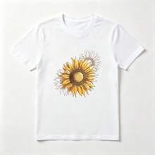 Sunflowers White Cotton T-Shirt Hand-Drawn - 白色 - 查看 1