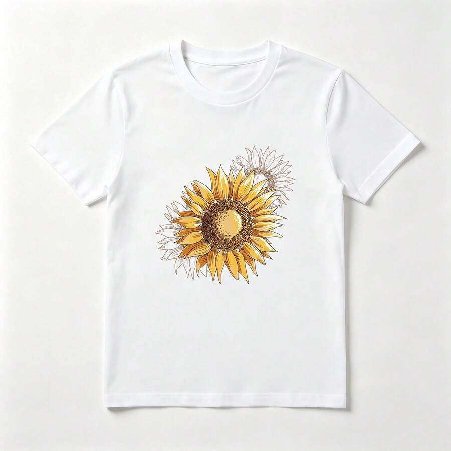 Sunflowers White Cotton T-Shirt Hand-Drawn - 白色 - 查看 1