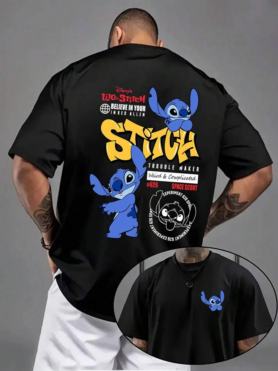 Men'S Short-Sleeve Shirt Featuring A Disney Collaboration With 'Lilo & Stitch' Print. This High-Quality, Soft, And Comfortable Casual Sports T-Shirt Has A Round Neck And Is Designed For Unique Layering. Perfect For Couples' Dates, Gatherings - màu đen - Xem 1