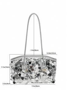 Bolso cuadrado de lentejuelas de moda nueva para primavera/verano, con cierre de cremallera, correas de hombro dobles, Body suave, gran capacidad y diseño minimalista ligero - Plateado - Ver 7
