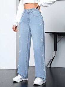 ALO FASHION Elegantes jeans de mezclilla de pierna ancha y talle alto para mujer, lavado claro con brillo por toda la prenda, tejido elástico y cómodo, perfectos para fiestas o uso casual. - azul real - Ver 5