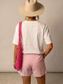 Short d'été à volants à carreaux pour femmes - Taille élastique avec poches - Rose bonbon - Voir 3