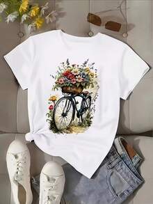 Women's Floral Print T-Shirt | Casual Crew Neck, Machine Washable, Suitable For All Seasons, With Bicycle And Basket Design - 白色 - 查看 1