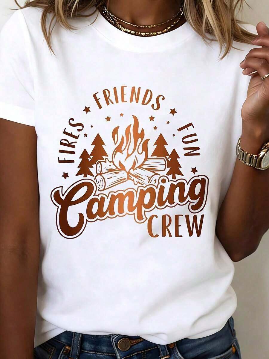 Camiseta de Camping Crew Blanca con Estampado de Friends Fun Camping Crew para Aventuras al Aire Libre y Amantes de la Naturaleza, Ropa de Verano Fresca para Mujer - Blanco - Ver 1
