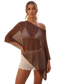 Womens Sheer Poncho Shrug Bolero Lightweight Summer Shrug Pullover Tops Y2K One Shoulder Asymmetric Loose Knit Shawl Beach Cover Ups - 棕色 - 查看 1
