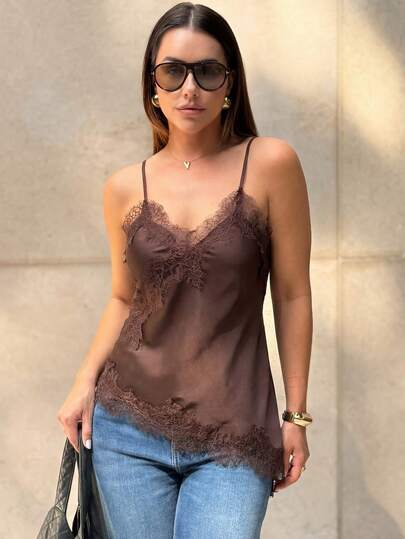 MUMRAP Camiseta sin mangas asimétrica de encaje con contraste de unicolor para mujer, elegante y holgada con espalda descubierta, top casual de verano