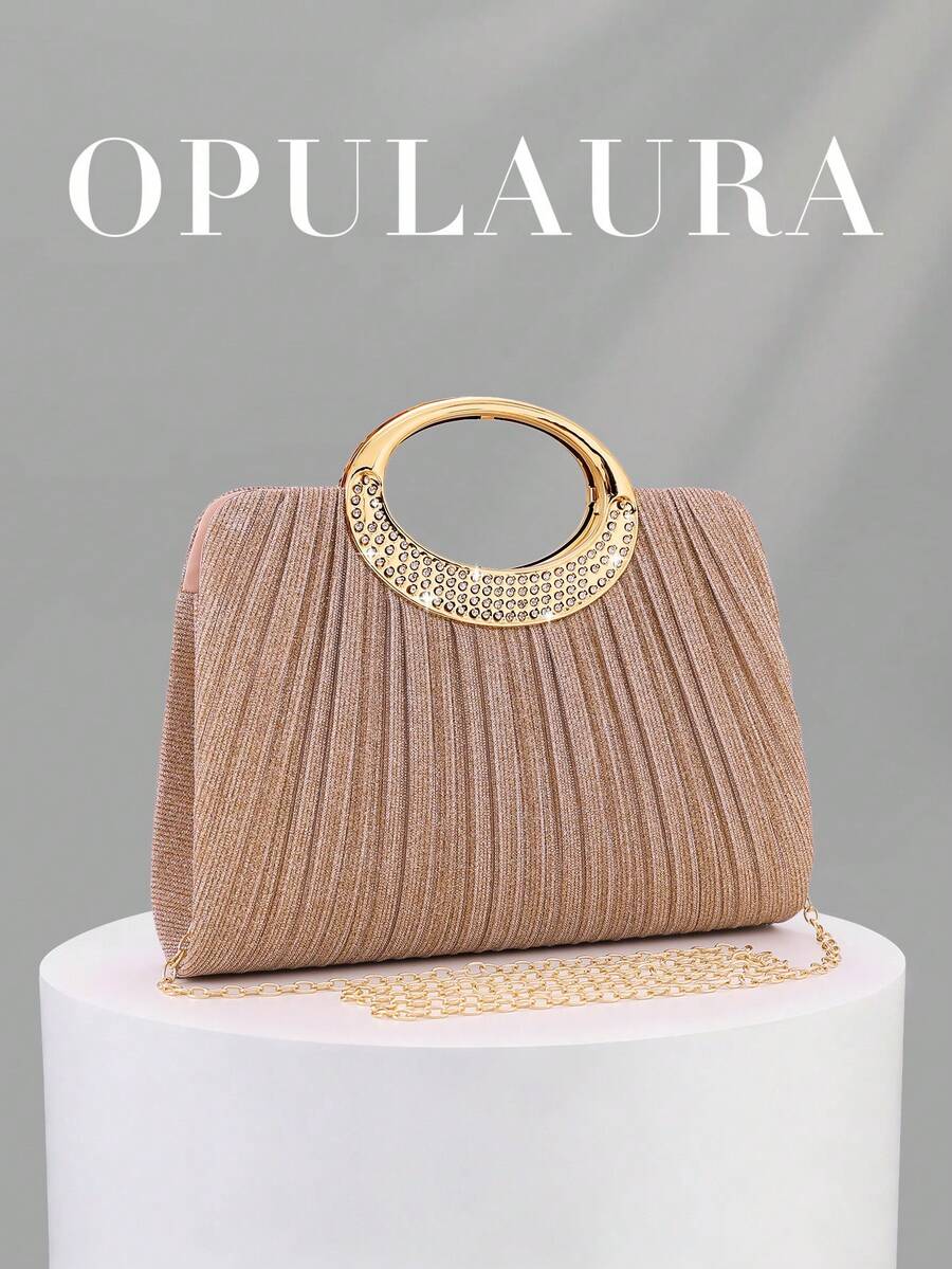 OpulAura 女士时尚闪亮水晶水钻晚宴手拿包,璀璨奢华镶钻正式礼服手提包,适合晚宴、派对、生日、婚礼等场合作为礼物 - 玫瑰金 - 查看 1