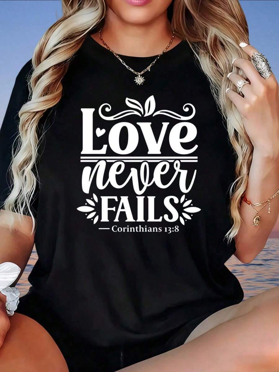 El amor nunca falla, Corintios 138, Camiseta Cristiana para Mujer, Camiseta con Frase de Fe Religiosa, Camiseta Gráfica Casual de Verano, Camiseta para Mujer - Negro - Ver 1