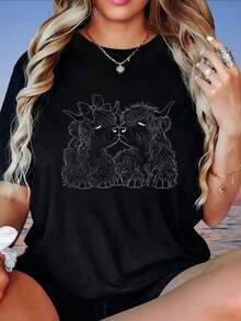 Camiseta Blanca Casual para Mujer con Estampado de Perros Shih Tzu Besándose, Corte Holgado de Verano - Negro - Ver 5