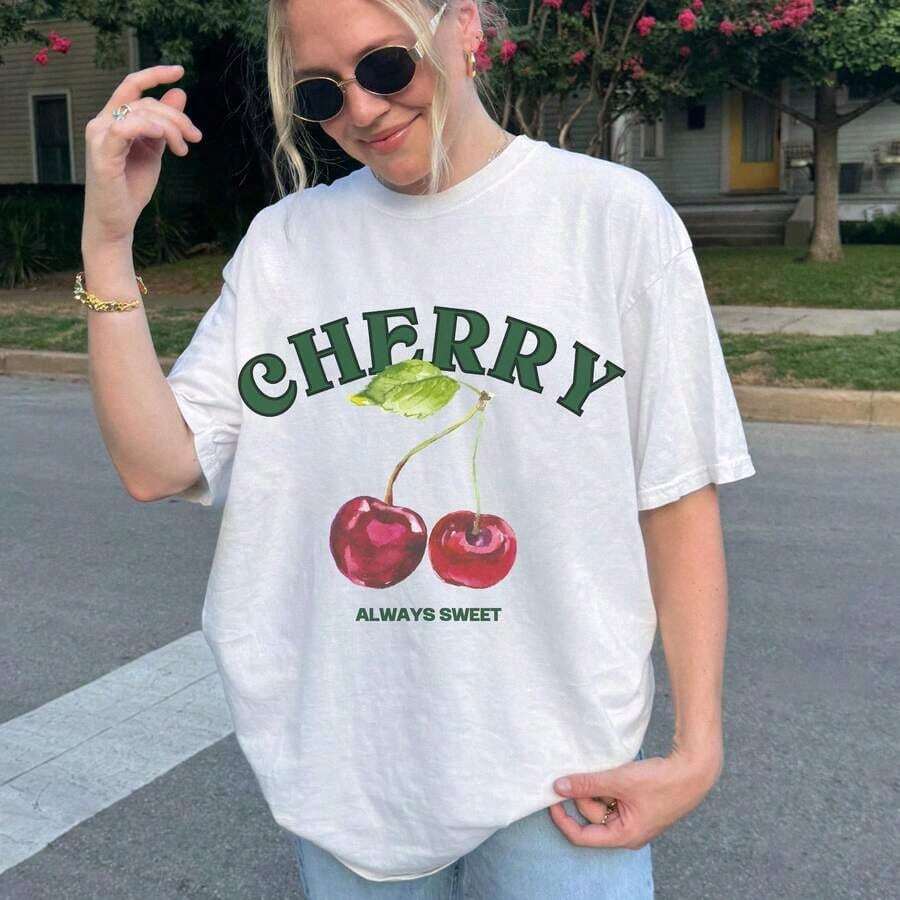 1 pieza de camisa de mujer con estampado de cerezas. Linda camisa boho para mujer. Camisas Estéticas. Camisas geniales para mujeres. Camisetas con estampados de frutas. Camisas de Mujer, Regalo de Navidad, Corte Regular, Manga Corta, Estilo Casual, Tallas S-2XL, 180g, 100% Algodón, Todos los diseños están impresos. Unisexo. - Estilo-1 - Ver 1