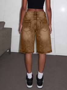 Quần short denim nữ kiểu dáng thường ngày, có túi và cúc. - màu nâu - Xem 5
