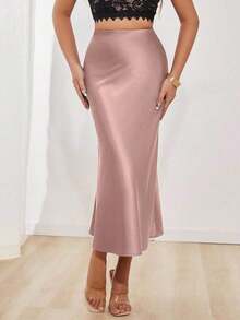 Falda en A de satén elegante y versátil para mujer - Rosa Oxidada - Ver 6